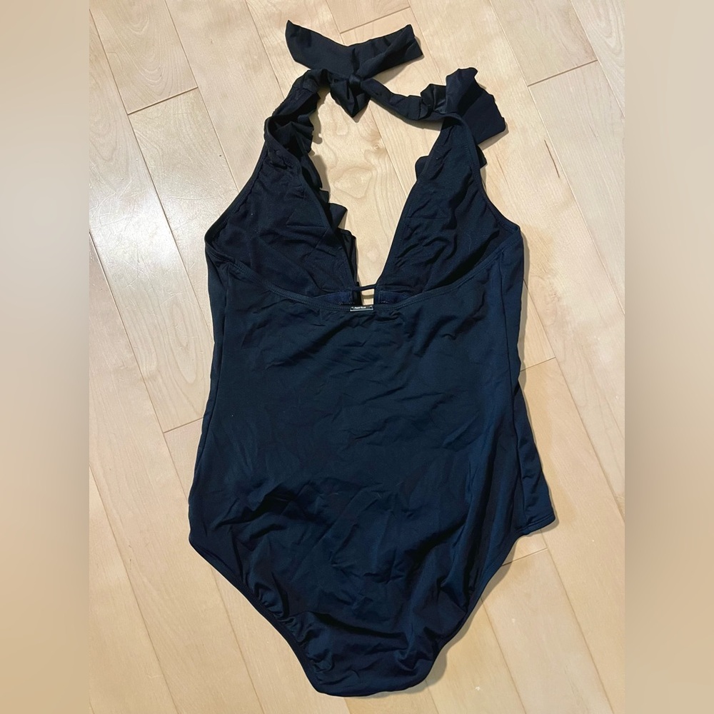 Perry Ellis black halter swimsuit with plunging ruffled neckline, size 12